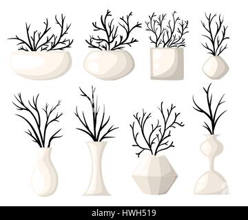 Branch vase icon set for interiors Flat design style vector illustration Stock Vector