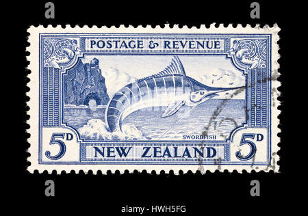 Postage stamp from New Zealand depicting a swordfish jumping after being caught by a sport fisherman. Stock Photo