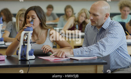 Teacher instructing student using microscope for scientific experiment in science lab classroom Stock Photo