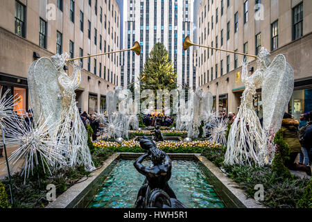 Rockefeller Center Christmas Decoration with angels and Tree - New York, USA Stock Photo