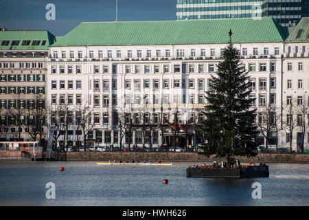 'Christmas tree on the Inner Alster, Germany; Hamburg; the Inner Alster, lake, seasons; winter; Christmas tree, hotel Four seasons, tourism, Fairmont, Stock Photo