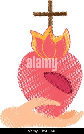 drawing hand holding sacred heart Stock Vector