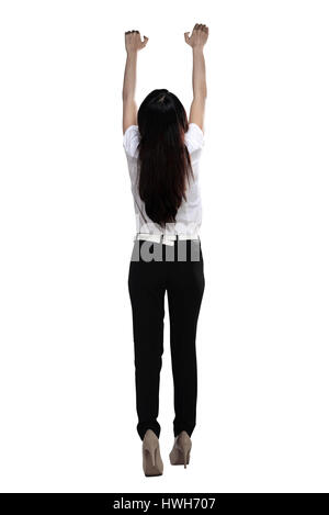 Asian business woman hanging on something isolated over white background Stock Photo