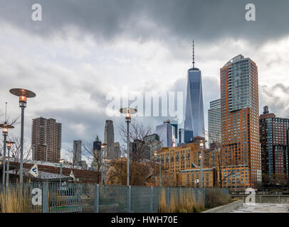 Lower Manhattan Skyline view from Pier 25 - New York, USA Stock Photo