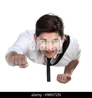 Asian business man flying isolated over white background Stock Photo