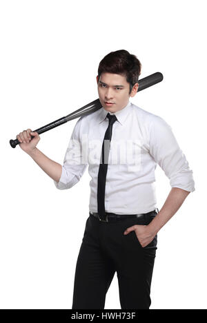 Young business man holding baseball bat isolated over white background Stock Photo