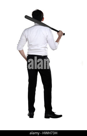 Young business man holding baseball bat isolated over white background Stock Photo