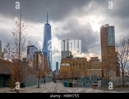 Lower Manhattan Skyline view from Pier 25 - New York, USA Stock Photo