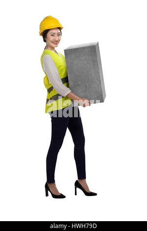 Asian business woman lift heavy box isolated over white background Stock Photo