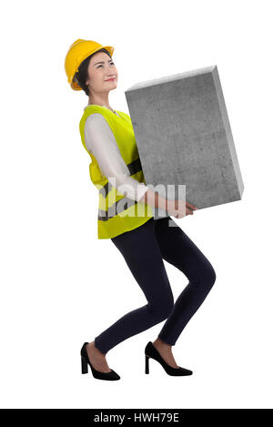 Asian business woman lift heavy box isolated over white background Stock Photo