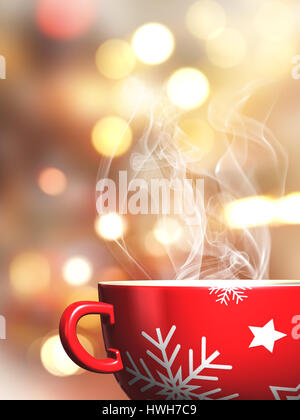 3D render of a steaming Christmas mug on a bokeh lights background Stock Photo