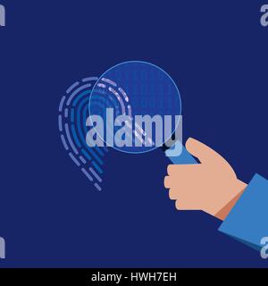 A hand holds a magnifying glass and views a digital fingerprint in binary code. Cyber security flat conceptual vector illustration Stock Vector