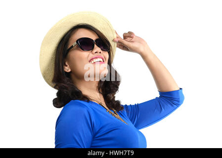 Asian woman portrait wearing hat and sunglasses isolated over white Stock Photo