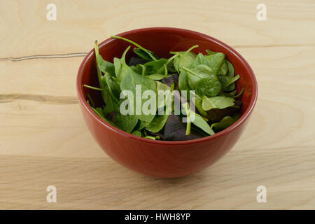 Fresh baby spinach leaves in red bowl Stock Photo