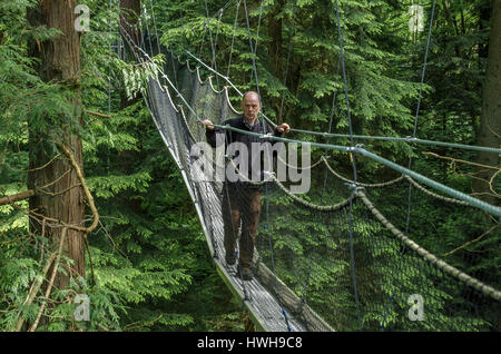 Man on the Greenheart Canopy Walkway, UBC Botanical Garden, Vancouver, British Columbia, Canada Stock Photo