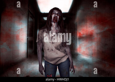 Asian zombie woman walking in empty room with angry expression. Halloween concept image Stock Photo