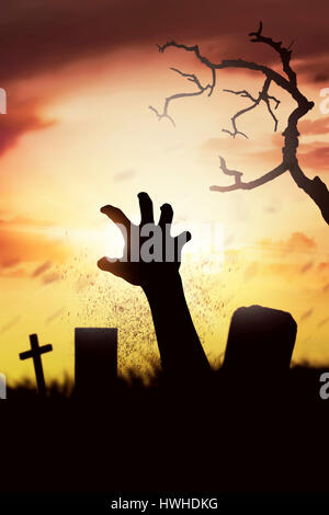 Zombie out of the grave on silhouette background in horror theme Stock ...