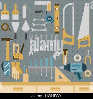 Set of tools hanging on peg board wall with shelf and drawers Stock Vector