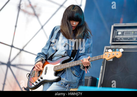 VALENCIA, SPAIN - APR 5: The asian female guitarist of Yuck (indie alternative band) performs at MBC Fest on April 5, 2015 in Valencia, Spain. Stock Photo