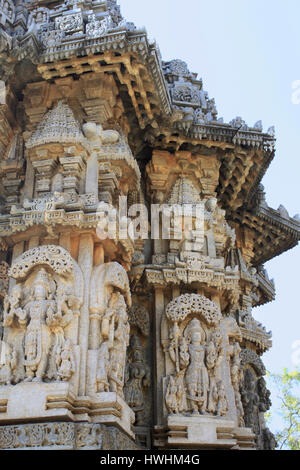 Shrine wall relief sculpture follows a stellate plan in the Chennakesava Temple, Hoysala Architecture, Somanathpur, Karnataka, India Stock Photo