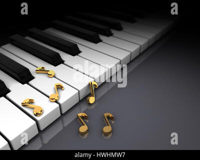 3d illustration of piano with note signs over dark background Stock Photo