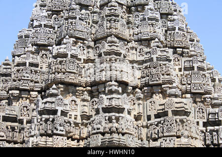 Close up of the Detailed, ornamented, mesmerizing stone carving of the shikhara that follows stellate plan at ,Chennakesava temple, Hoysala Architectu Stock Photo
