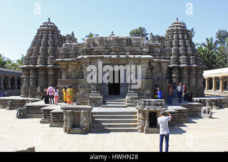 Frontal view of temple, showcasing stellate design towers, ornamented, detailed stone carvings, at Chennakesava Temple, Hoysala Architecture, Somanath Stock Photo