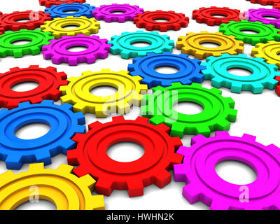 3d illustration of colorful gear wheels over white background Stock Photo