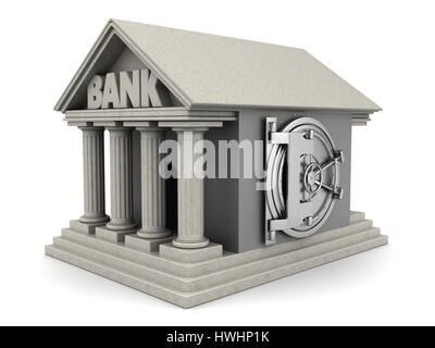 3d illustration of bank building with vault door safe Stock Photo