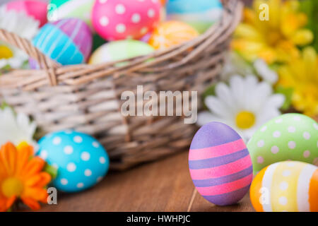 A basket filled with colourful hand-painted Easter eggs. Stock Photo