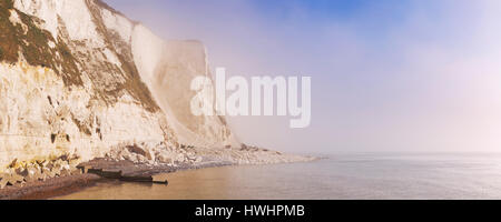 White cliffs at St. Margarets Bay in Kent, England on a foggy morning. Stock Photo