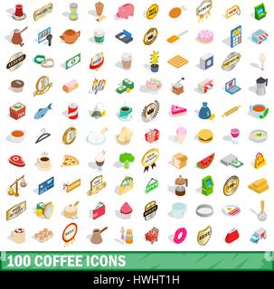 100 coffee icons set, isometric 3d style Stock Vector
