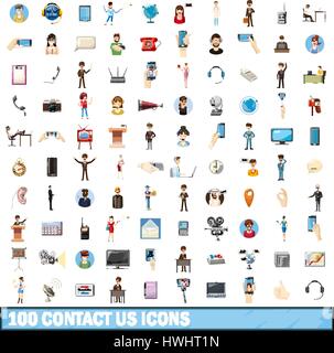 100 contact us icons set, cartoon style Stock Vector
