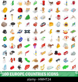 100 europe countries icons set, isometric 3d style Stock Vector