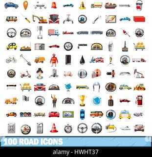 100 road icons set. Cartoon illustration of 100 road icons vector set ...