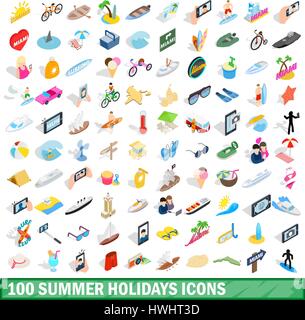 100 summer holidays icons set, isometric 3d style Stock Vector