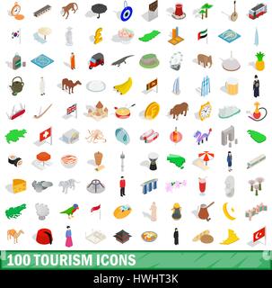 100 tourism icons set, isometric 3d style Stock Vector