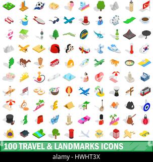 100 travel landmarks icons set, isometric 3d style Stock Vector