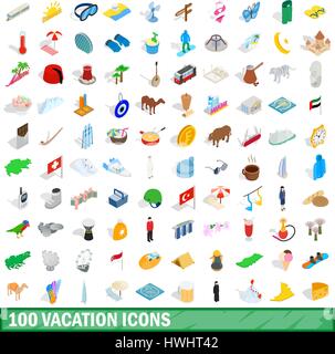 100 vacation icons set, isometric 3d style Stock Vector