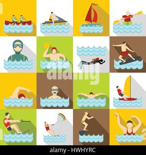 Water sport icons set, flat style Stock Vector