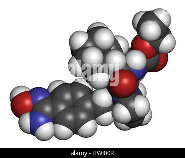 Ximelagatran anticoagulant drug molecule (direct thrombin inhibitor). 3D rendering. Atoms are represented as spheres with conventional color coding: h Stock Photo