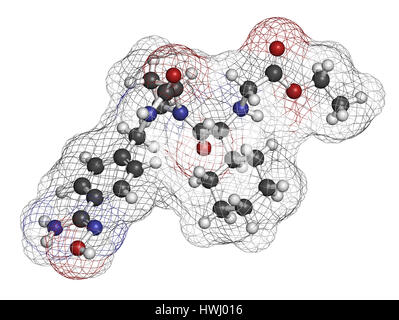 Ximelagatran anticoagulant drug molecule (direct thrombin inhibitor). 3D rendering. Atoms are represented as spheres with conventional color coding: h Stock Photo