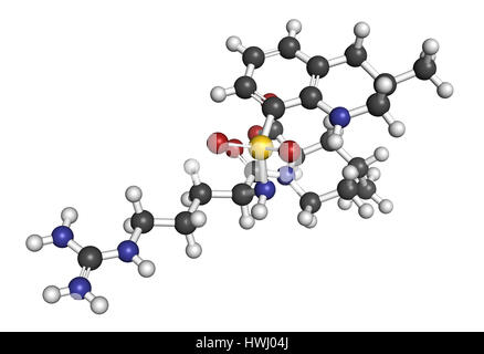 Argatroban anticoagulant drug molecule (direct thrombin inhibitor). 3D rendering. Atoms are represented as spheres with conventional color coding: hyd Stock Photo