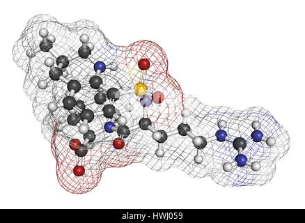 Argatroban anticoagulant drug molecule (direct thrombin inhibitor). 3D rendering. Atoms are represented as spheres with conventional color coding: hyd Stock Photo