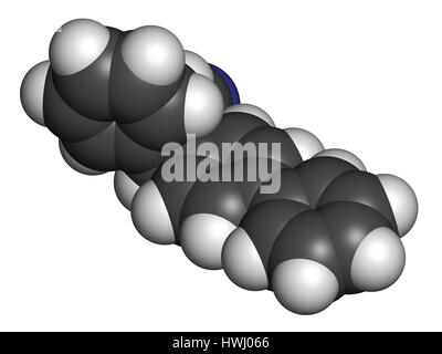 Bifonazole antifungal drug molecule. 3D rendering. Atoms are represented as spheres with conventional color coding: hydrogen (white), carbon (grey), n Stock Photo