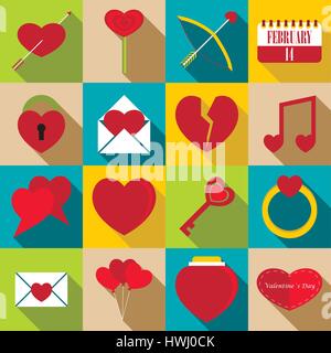 Saint Valentine items icons set, flat style Stock Vector