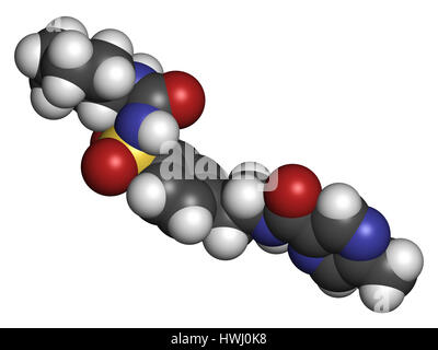 Glipizide diabetes drug molecule. 3D rendering. Atoms are represented as spheres with conventional color coding: hydrogen (white), carbon (grey), nitr Stock Photo