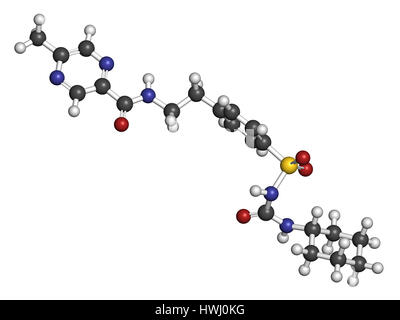 Glipizide diabetes drug molecule. 3D rendering. Atoms are represented as spheres with conventional color coding: hydrogen (white), carbon (grey), nitr Stock Photo