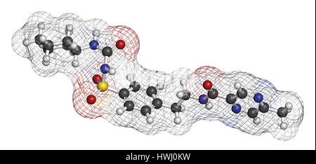 Glipizide diabetes drug molecule. 3D rendering. Atoms are represented as spheres with conventional color coding: hydrogen (white), carbon (grey), nitr Stock Photo