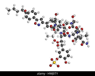 Micafungin antifungal drug molecule. 3D rendering. Atoms are represented as spheres with conventional color coding: hydrogen (white), carbon (grey), n Stock Photo